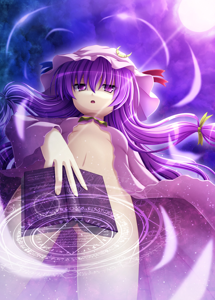 akashio (loli ace), patchouli knowledge, touhou, 1girl, book, covering privates, female focus, from below, hat, hexagram, long hair, magic circle, nude, nude cover, purple eyes, purple hair, solo