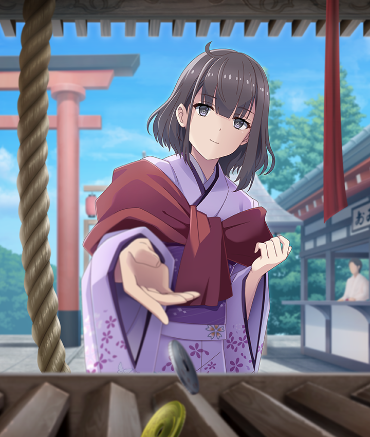nitta hirona, toji no miko, toji no miko: kizamishi issen no tomoshibi, game cg, official art, third-party source, translated, 1boy, 1girl, black hair, blue sky, box, bright pupils, closed mouth, coin, day, donation box, dot nose, faceless, faceless male, floral print, floral print kimono, holed coin, japanese clothes, kimono, lantern, looking at viewer, outdoors, outstretched arm, paper lantern, print kimono, purple eyes, purple kimono, rope, short hair, shrine, sign, sky, smile, solo focus, stone walkway, throwing, torii, tree, white pupils