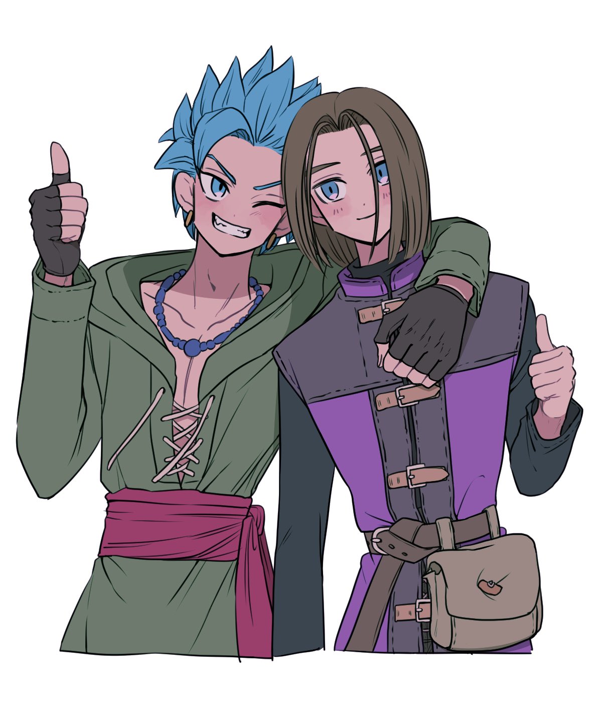 camus (dq11), hero (dq11), dragon quest, dragon quest xi, commentary request, highres, 2boys, arm around neck, black gloves, black shirt, blue eyes, blue hair, brown hair, closed mouth, cropped torso, dq yukiyuki, fingerless gloves, gloves, green jacket, grin, hair slicked back, jacket, jewelry, light smile, male focus, multiple boys, necklace, one eye closed, parted bangs, purple tunic, shirt, short hair, smile, teeth, thumbs up, tunic, upper body, white background