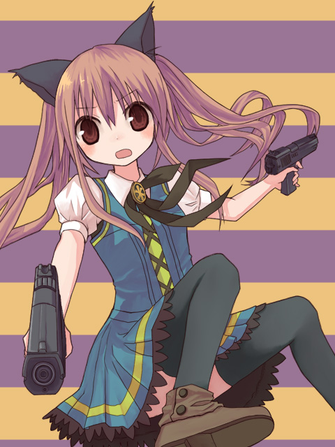 hinuki marina, original, animal ears, brown eyes, brown hair, cat ears, dress, dual wielding, gun, handgun, holding, legs, pistol, solo, thighhighs, twintails, weapon