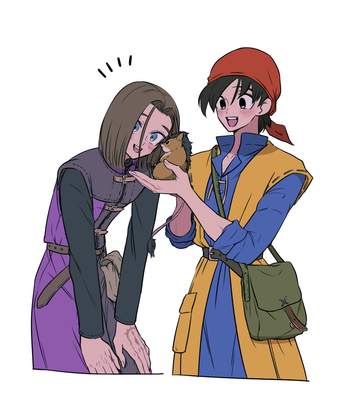 hero (dq11), hero (dq8), munchie (dq8), dragon quest, dragon quest viii, dragon quest xi, commentary request, highres, 2boys, bag, bandana, black eyes, black hair, black shirt, blue eyes, blue shirt, brown hair, cowboy shot, dq yukiyuki, hamster, in palm, leaning forward, light blush, male focus, multiple boys, open mouth, orange vest, parted bangs, purple tunic, red bandana, shirt, short hair, shoulder bag, smile, tunic, vest