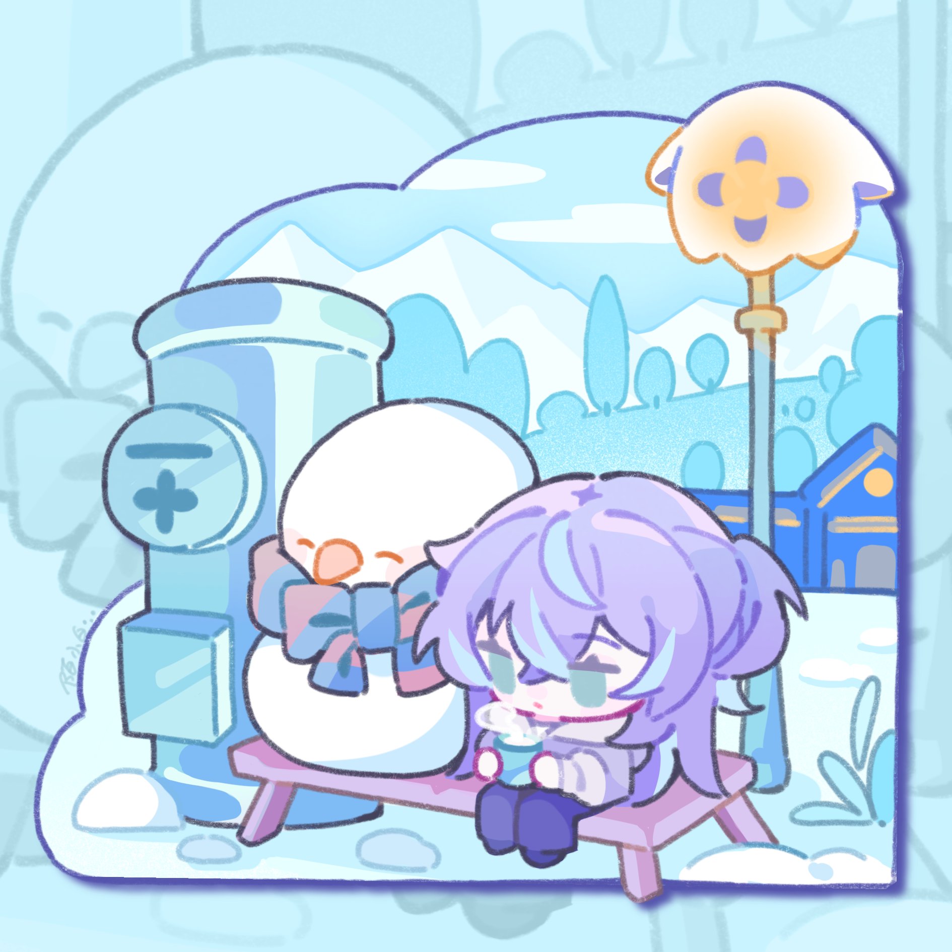 shuxingbuming moxiaobai, hoshirube sho, otomo (hoshirube sho), nijisanji, commentary, highres, 1boy, blue hair, blue pants, blue scarf, building, chibi, cloud, cup, frown, full body, green eyes, grey shirt, holding, holding cup, japanese cylindrical postbox, lamppost, looking at viewer, male focus, mountainous horizon, multicolored hair, outline, pants, purple hair, scarf, shirt, signature, snow, snowman, solo, steam, streaked hair, virtual youtuber, zoom layer