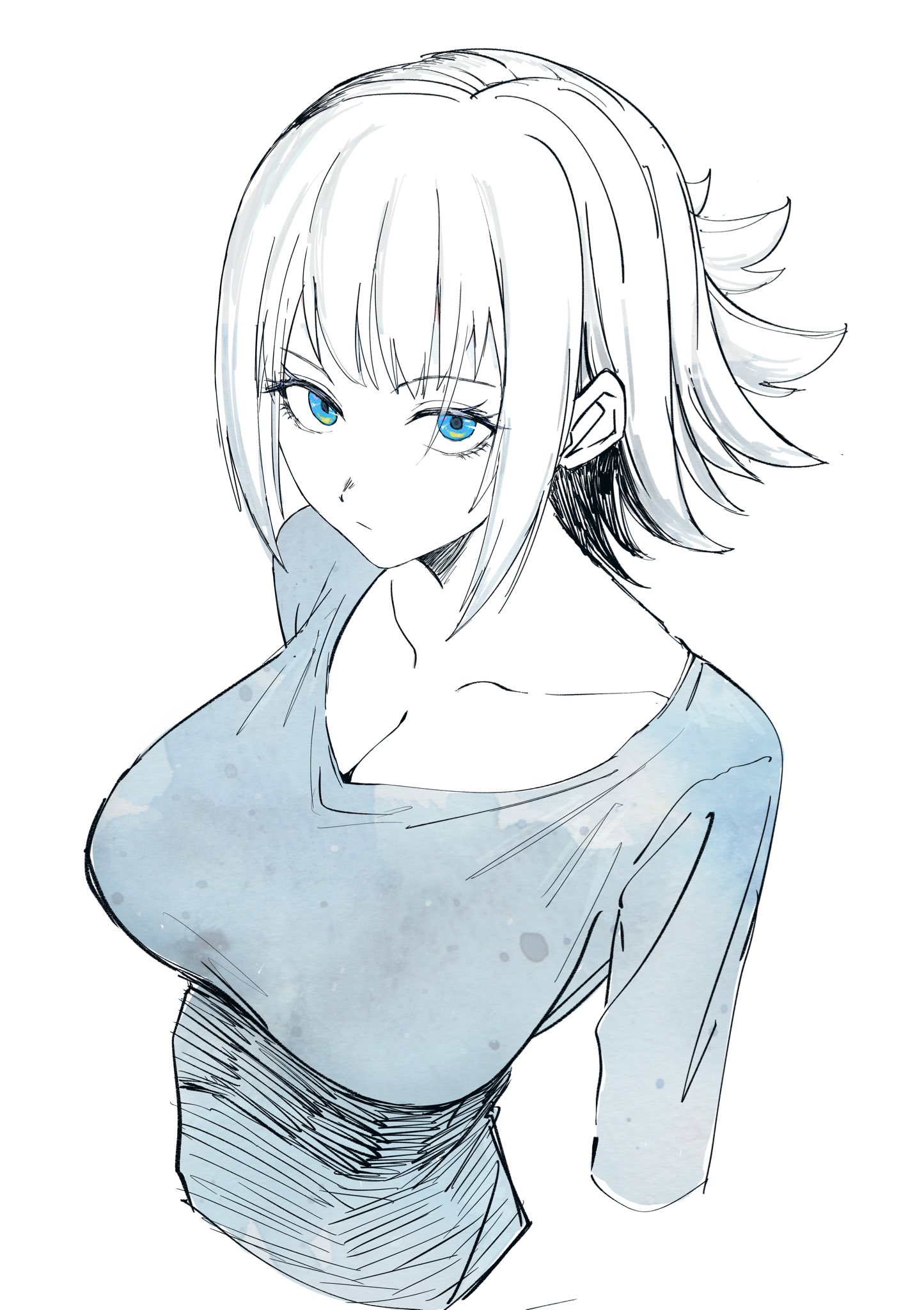 minorun9, nue no onmyouji, commentary request, highres, 1girl, blue eyes, breasts, cleavage, closed mouth, collarbone, cropped arms, from above, hakutaku (nue no onmyouji), hatching (texture), large breasts, linear hatching, looking at viewer, partially colored, short hair, sketch, solo, spiked hair