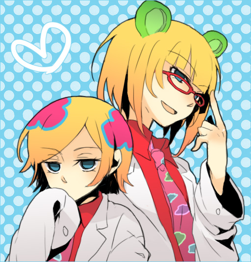 yuzu juncgr, irabu ichirou, kuuchuu buranko, 00s, 2boys, animal ears, blonde hair, blue eyes, dual persona, glasses, lab coat, male focus, multicolored hair, multiple boys, necktie, time paradox