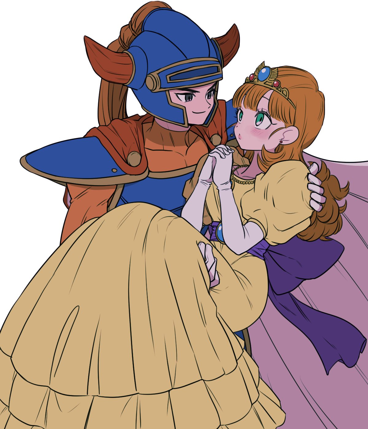hero (dq1), princess laura, dragon quest, dragon quest i, commentary request, highres, 1boy, 1girl, armor, blue armor, blue helmet, blush, bodysuit, breastplate, breasts, brown hair, cape, carrying, couple, dq yukiyuki, dress, earrings, elbow gloves, fake horns, gloves, green eyes, grey eyes, helmet, hetero, horned helmet, horns, jewelry, long dress, long hair, looking at another, medium breasts, necklace, orange bodysuit, own hands clasped, own hands together, princess carry, puffy short sleeves, puffy sleeves, red cape, short sleeves, shoulder armor, smile, tiara, upper body, white background, white gloves, yellow dress
