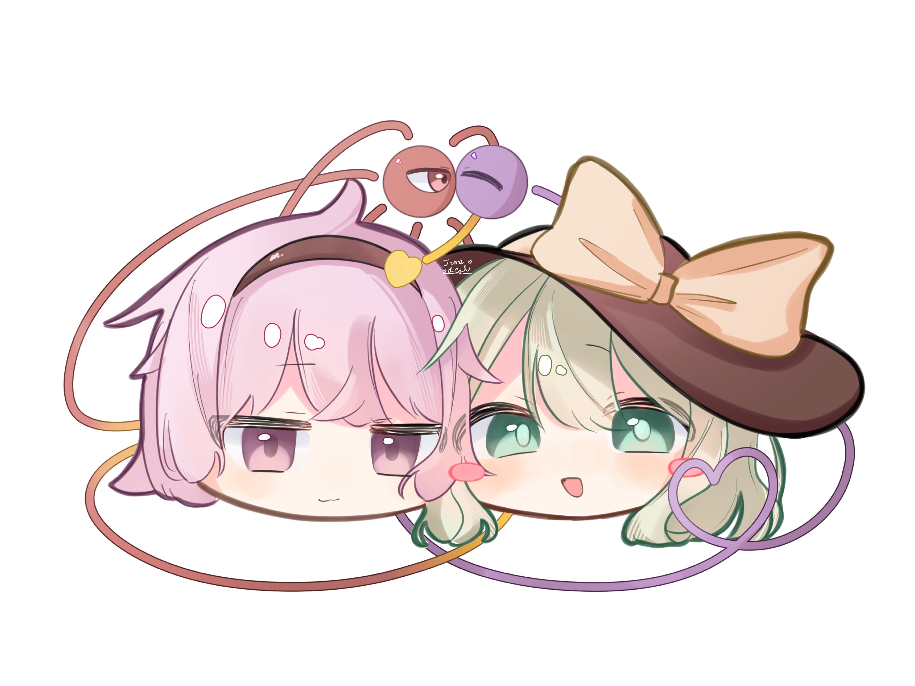 tumadeshi, komeiji koishi, komeiji satori, touhou, commentary, highres, 2girls, black hat, bow, green eyes, green hair, hat, hat bow, looking at viewer, meme, multiple girls, open mouth, pink eyes, pink hair, signature, simple background, third eye, white background, yellow bow, yukkuri shiteitte ne