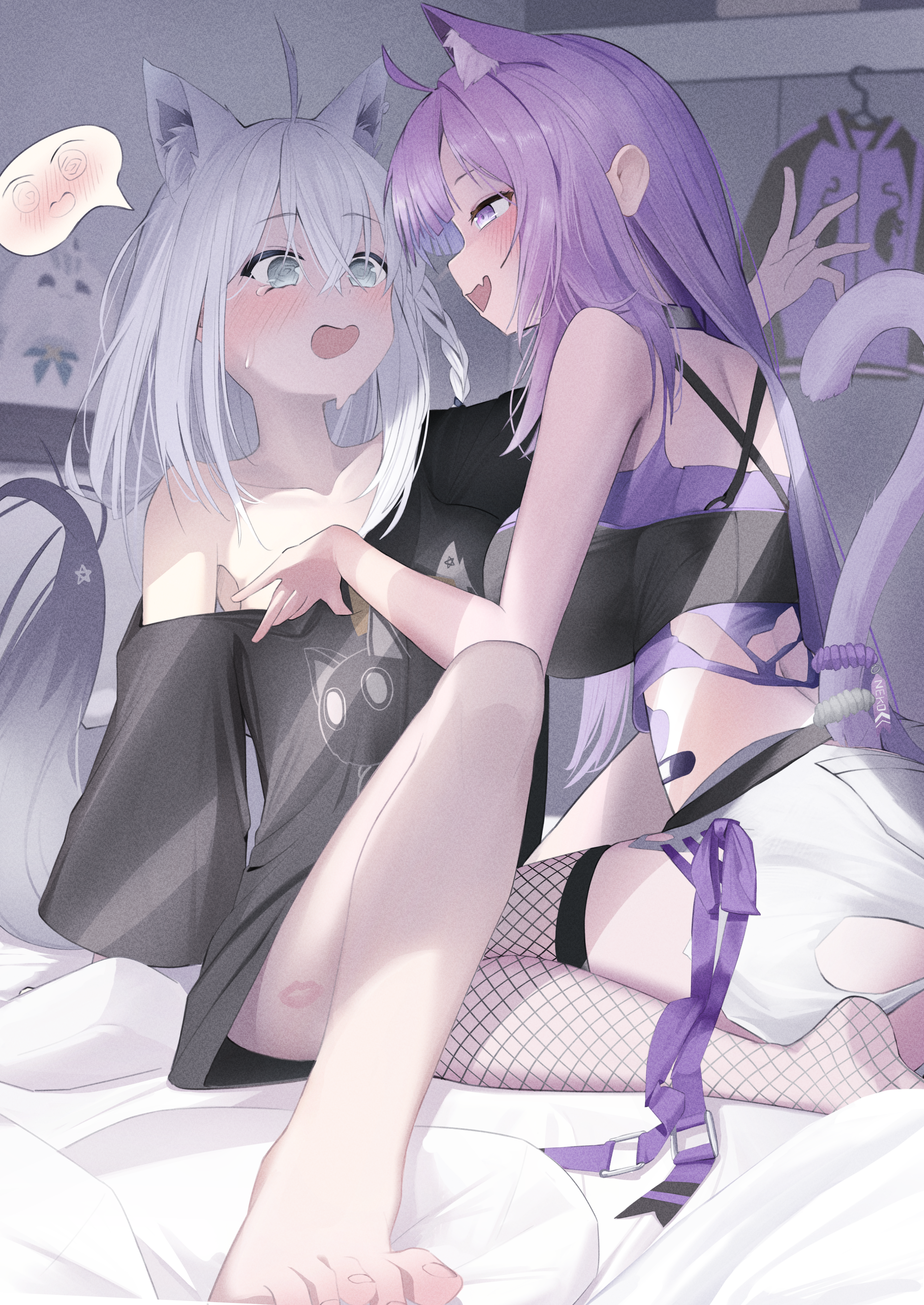 rararirara, nekomata okayu, shirakami fubuki, hololive, absurdres, commentary request, highres, 2girls, @ @, ahoge, animal ear fluff, animal ears, black bra, black shirt, blush, bra, braid, breasts, cat ears, cat girl, cat tail, clothes hanger, collarbone, cropped shirt, fishnet thighhighs, fishnets, fox ears, fox girl, fox tail, hair between eyes, halterneck, large breasts, long hair, looking at another, midriff, multiple girls, nekomata okayu (gyaru), open mouth, pentagram, purple eyes, shirt, shorts, smile, t-shirt, tail, thighhighs, torn clothes, torn shirt, underwear, very long hair, virtual youtuber, white hair, white shorts, yuri