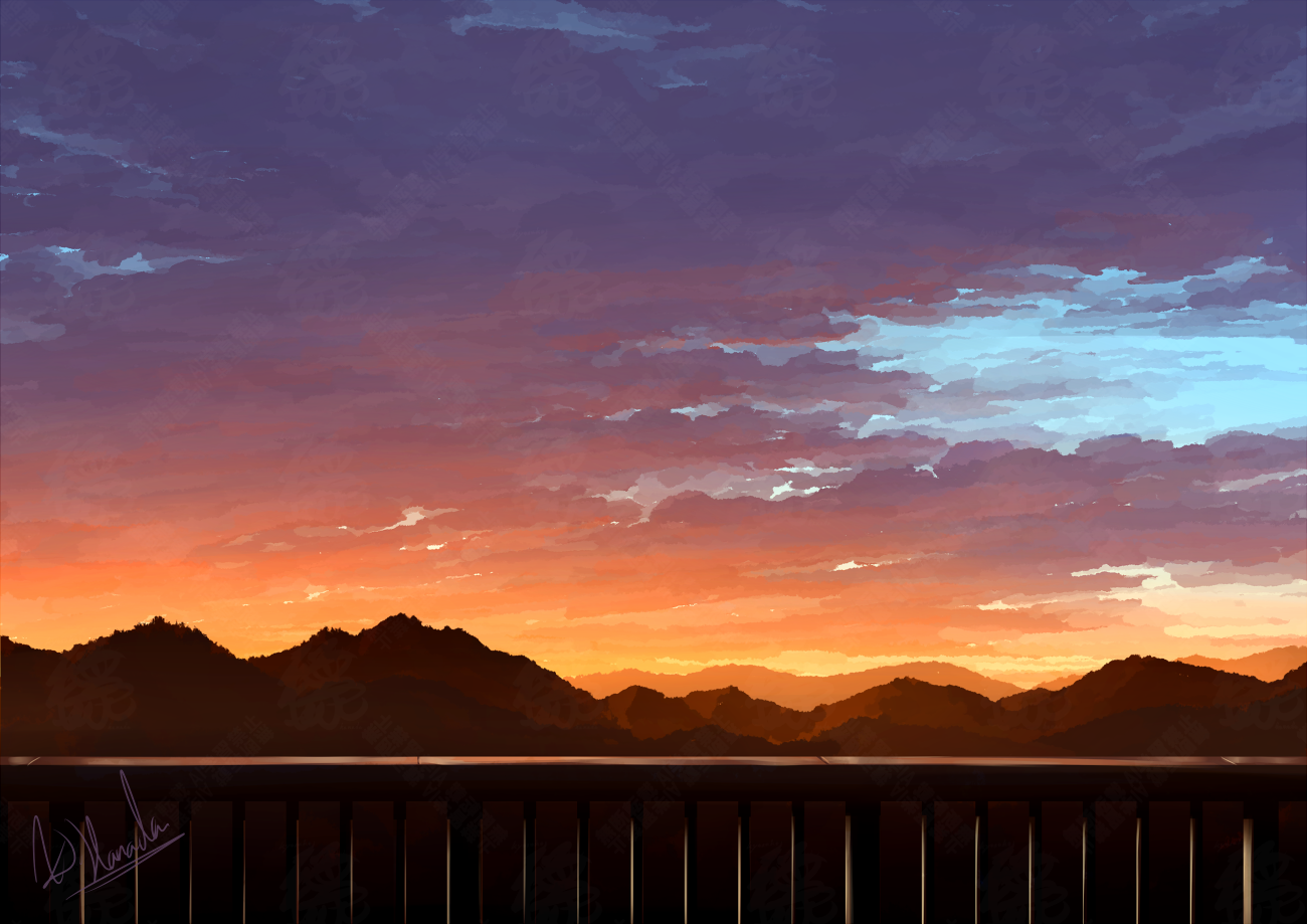 alu.m (alpcmas), original, commentary request, cloud, cloudy sky, evening, hill, landscape, mountainous horizon, no humans, outdoors, railing, scenery, signature, sky, sky focus, watermark