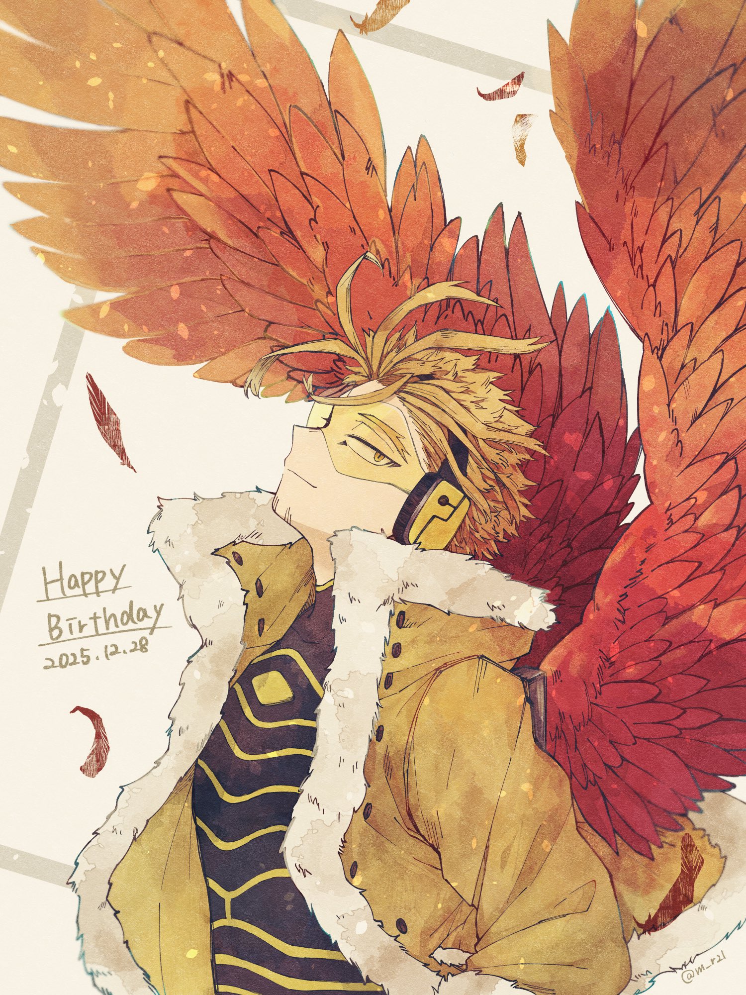 hawks (boku no hero academia), boku no hero academia, commentary request, highres, 1boy, black shirt, blonde hair, brown jacket, closed mouth, dated, facial hair, falling feathers, feathered wings, feathers, fur-trimmed jacket, fur trim, gold trim, happy birthday, headphones, jacket, light smile, m r21s, male focus, red feathers, red wings, shirt, short hair, solo, tinted eyewear, upper body, wings, yellow-tinted eyewear, yellow visor