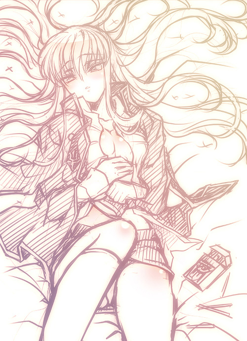 creayus, c.c., code geass, 00s, monochrome, no bra, open clothes, open shirt, pocky, school uniform, shirt, sketch