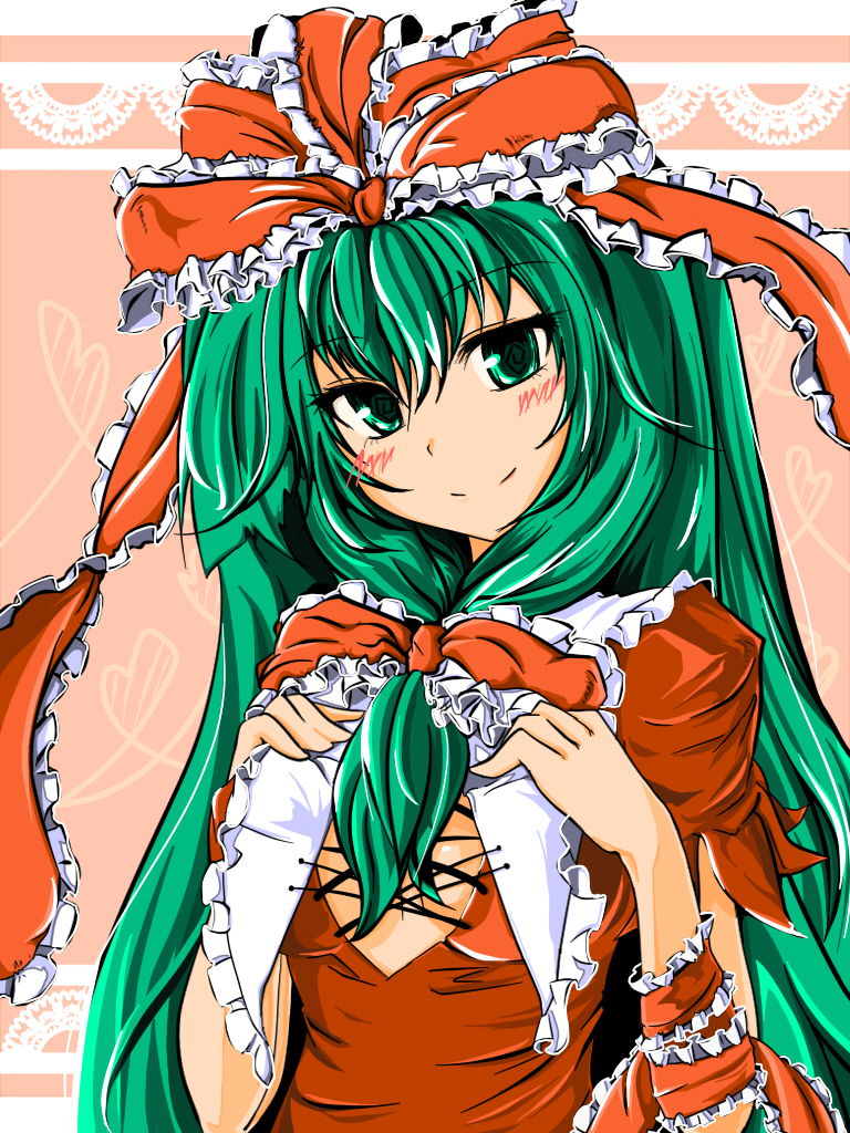 frill takusiage, furiru, kagiyama hina, touhou, 1girl, @ @, blush, bow, female focus, front ponytail, green eyes, green hair, hair bow, long hair, matching hair/eyes, ribbon, smile, solo