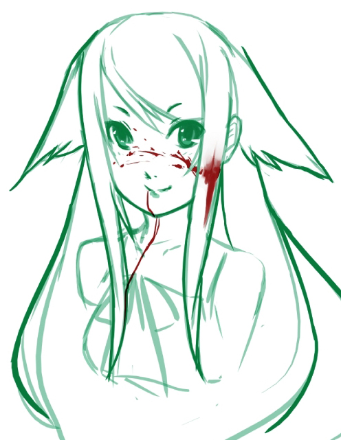 eu03, saya (saya no uta), saya no uta, 1girl, blood, blood on face, female focus, green theme, long hair, monochrome, sketch, smile, solo, spot color