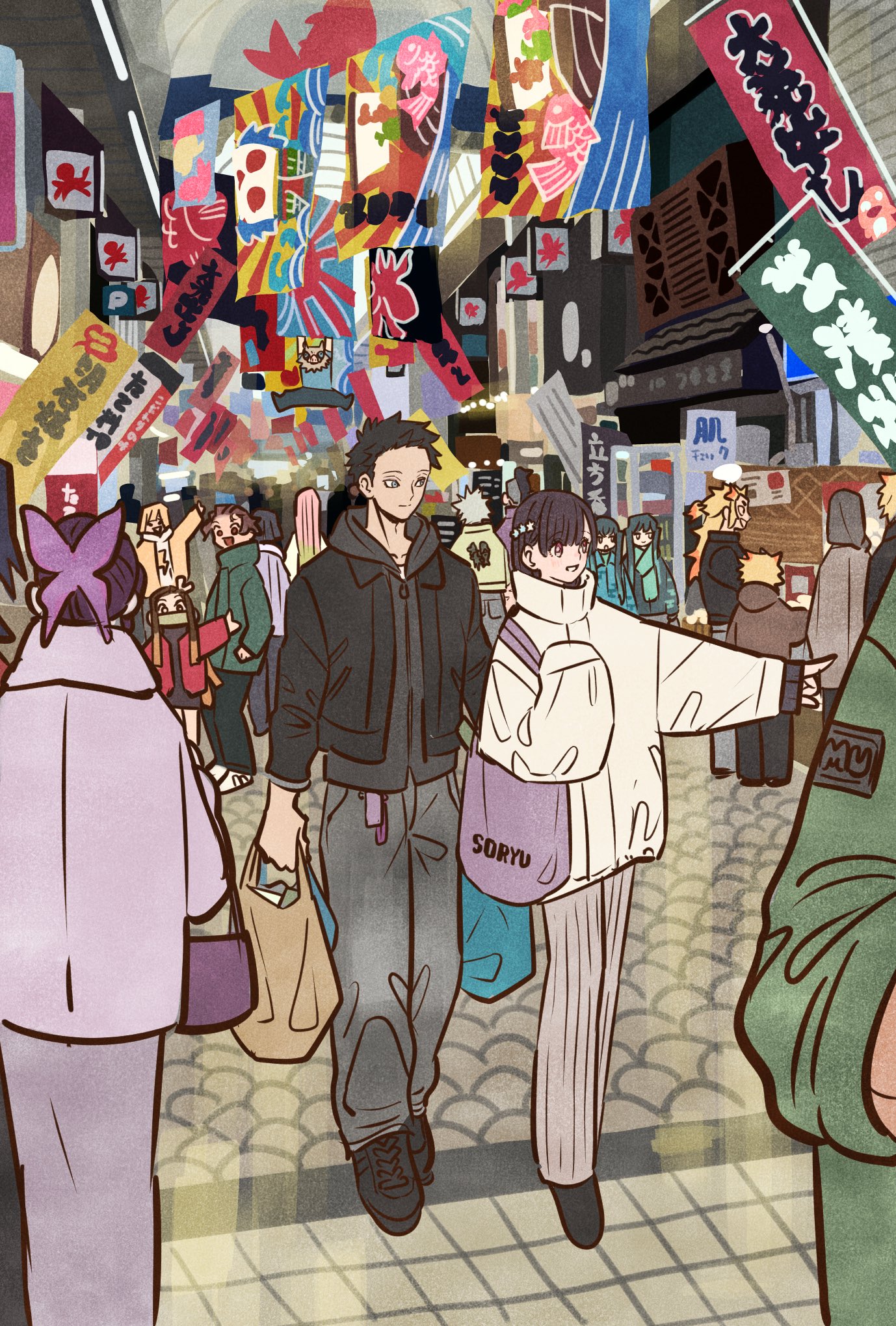 takeuchi ryousuke, agatsuma zenitsu, hakuji (kimetsu no yaiba), hashibira inosuke, iguro obanai, kamado nezuko, kamado tanjirou, kanroji mitsuri, kochou shinobu, koyuki (kimetsu no yaiba), rengoku kyoujurou, rengoku senjurou, shinazugawa genya, shinazugawa sanemi, tokitou muichirou, tokitou yuichirou, tomioka giyuu, kimetsu no yaiba, commentary request, highres, 4girls, 6+boys, aqua hair, bag, bit gag, black hair, black hoodie, black jacket, blonde hair, boar mask, brother and sister, brothers, brown hair, butterfly hair ornament, coat, contemporary, full body, gag, gradient hair, green hair, green jacket, grey coat, grey hair, grey pants, grey skirt, hair ornament, holding, holding bag, hood, hoodie, jacket, jacket over hoodie, long skirt, mohawk, multicolored hair, multiple boys, multiple girls, pants, parted lips, pink hair, pointing, purple bag, red jacket, short hair, shoulder bag, siblings, skirt, striped clothes, striped pants, two-tone hair, updo