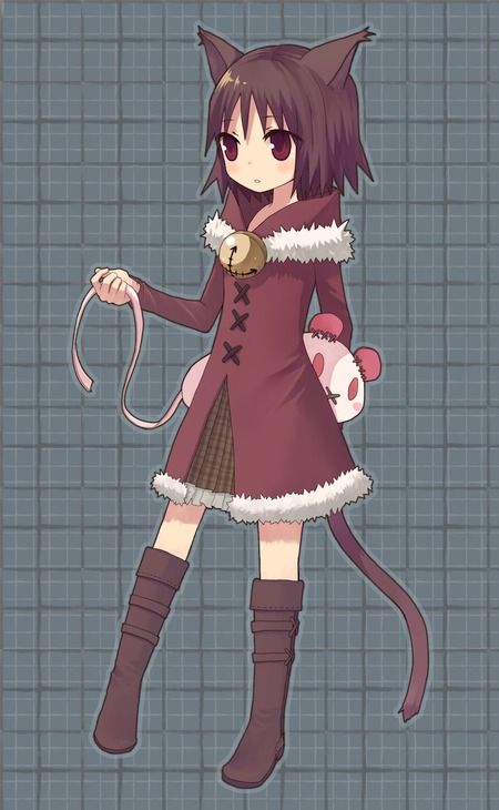 hinuki marina, original, animal ears, bell, black hair, boots, cat ears, cat tail, doll, dress, red eyes, solo, tail
