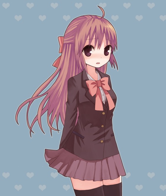 hinuki marina, original, 1girl, ahoge, arms behind back, black thighhighs, blue background, blush, bow, bowtie, brown eyes, brown hair, cowboy shot, cropped legs, female focus, hair ribbon, jacket, long hair, long sleeves, looking at viewer, miniskirt, open mouth, pleated skirt, purple hair, ribbon, school uniform, shirt, skirt, solo, thighhighs, white shirt, wind, zettai ryouiki