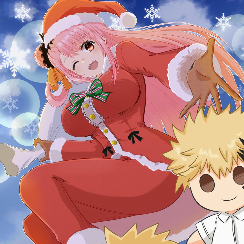 inukeru, aramine ishu, yajima gakuro, nue no onmyouji, commentary request, 1boy, 1girl, blonde hair, breasts, brown eyes, hair bun, hair rings, hat, holding, holding sack, large breasts, long hair, multicolored hair, one eye closed, pink hair, ribbon, sack, santa costume, santa hat, school uniform, single hair ring, single side bun, snowflakes, streaked hair, stuffed toy