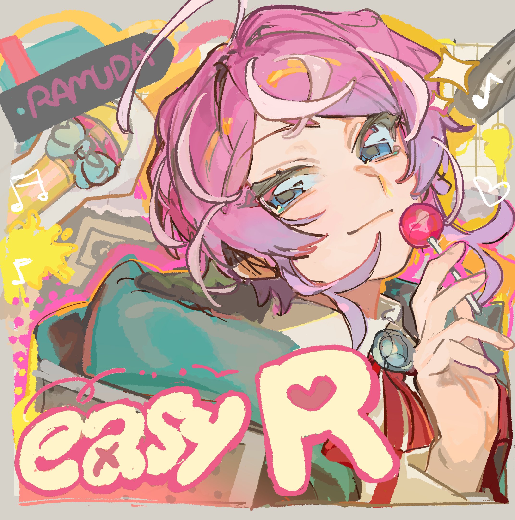 amemura ramuda, hypnosis mic, highres, 1boy, ahoge, androgynous, blue eyes, candy, character name, crossed bangs, food, holding, holding candy, holding food, holding lollipop, lollipop, looking at viewer, male focus, pink hair, portrait, ruma 0909, smile, solo