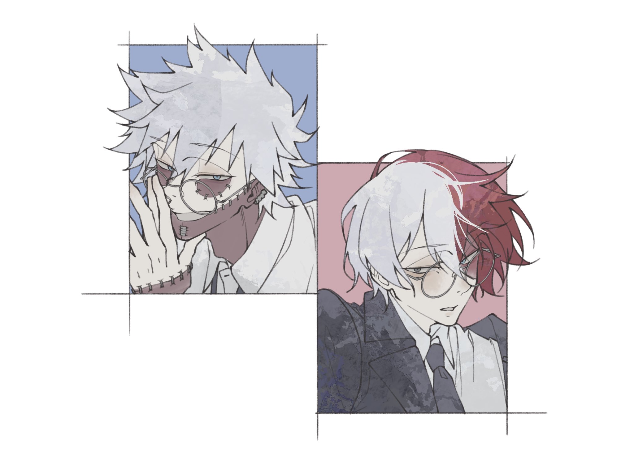 todoroki shoto, todoroki touya, boku no hero academia, commentary request, highres, 2boys, black jacket, black necktie, border, brothers, collared shirt, glasses, hair between eyes, jacket, lyuuuuqq13, male focus, multicolored hair, multiple boys, necktie, parted lips, red hair, round eyewear, shirt, siblings, smile, spiked hair, stitched face, stitches, suit jacket, two-tone hair, upper body, white border, white hair, white shirt