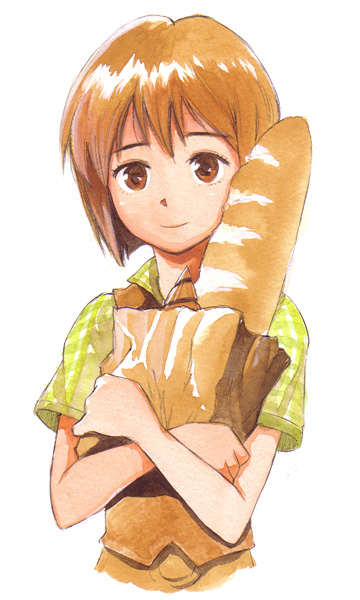 hirokazu, hagiwara yukiho, idolmaster, idolmaster (classic), striped, 00s, bag, baguette, bob cut, bread, brown eyes, brown hair, drill, food, smile, solo, vest