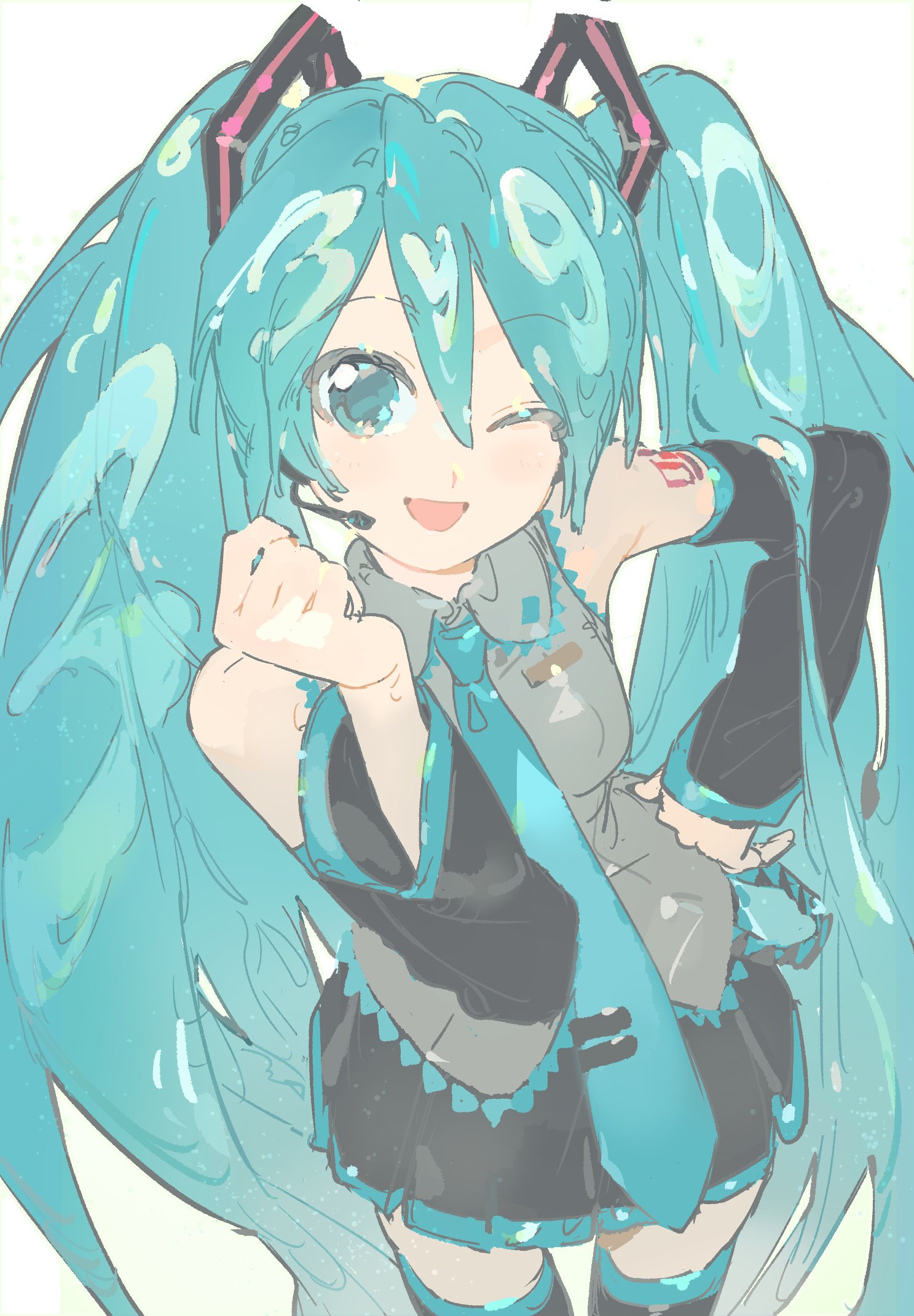hatsune miku, vocaloid, highres, 1girl, :d, aqua eyes, aqua hair, aqua necktie, aqua trim, black skirt, black thighhighs, cowboy shot, detached sleeves, grey shirt, hand on own hip, looking at viewer, necktie, one eye closed, open mouth, ruma 0909, shirt, skirt, smile, solo, thighhighs, twintails