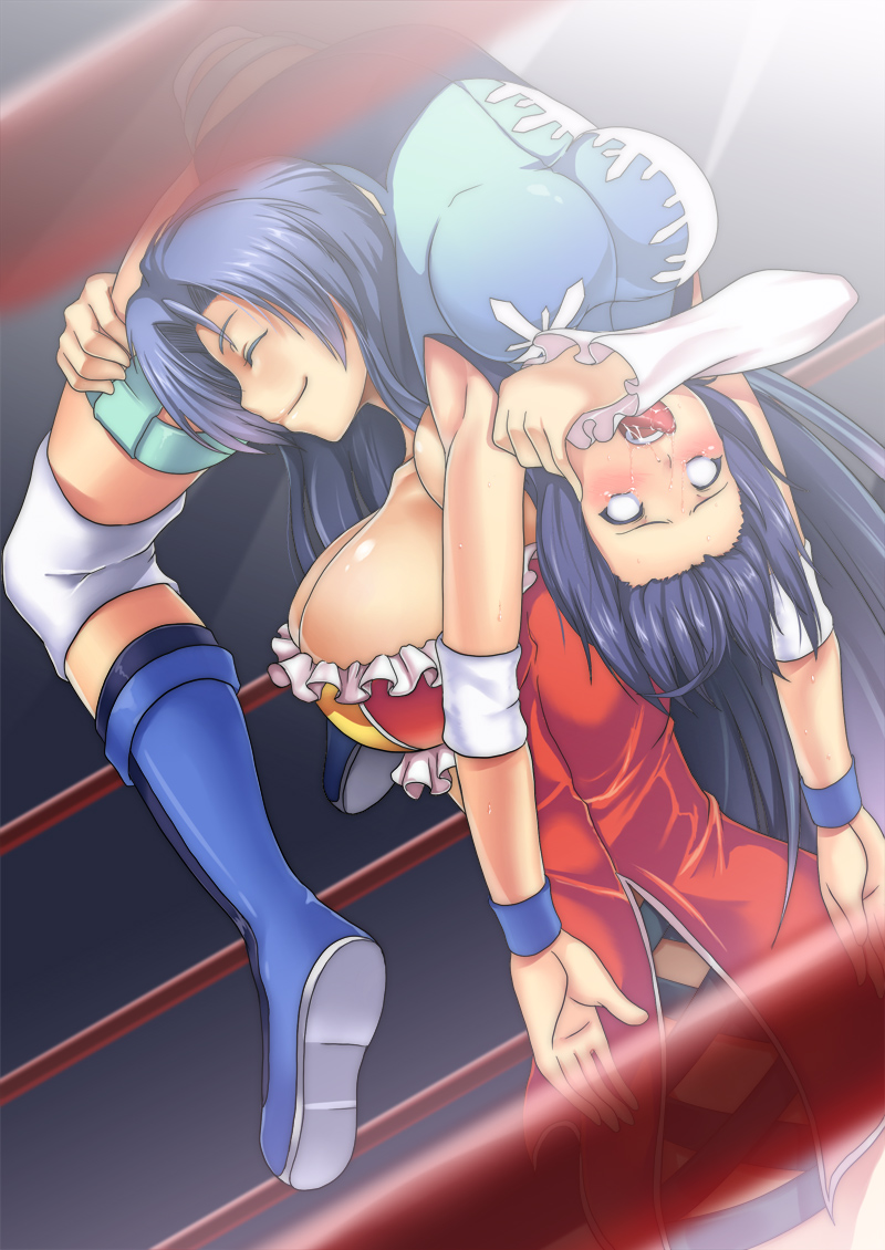 kupala, ishikawa suzumi, lucky uchida, wrestle angels, 2girls, ahegao, argentine backbreaker, armpits, backbreaker, blue hair, blush, boots, breasts, cleavage, closed eyes, defeat, drooling, dutch angle, empty eyes, fighting, huge breasts, humiliation, injury, knee pads, large breasts, multiple girls, pain, rolling eyes, ryona, saliva, smile, submission, sweat, tears, thighs, tongue, tongue out, unconscious, wrestling, wrestling outfit, wrestling ring, wristband