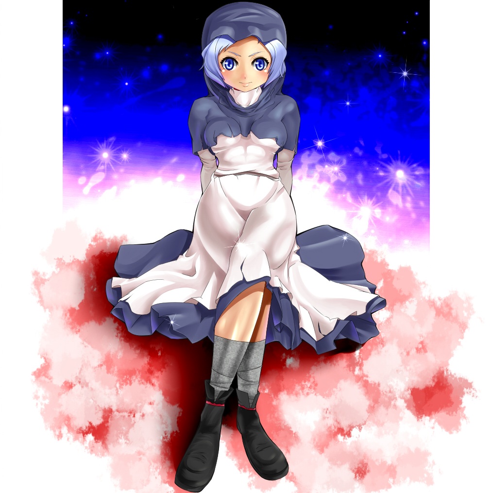 umigarasu (kitsune1963), kumoi ichirin, touhou, 1girl, blue eyes, blue hair, cloud, female focus, full body, hood, jewelry, matching hair/eyes, short hair, solo