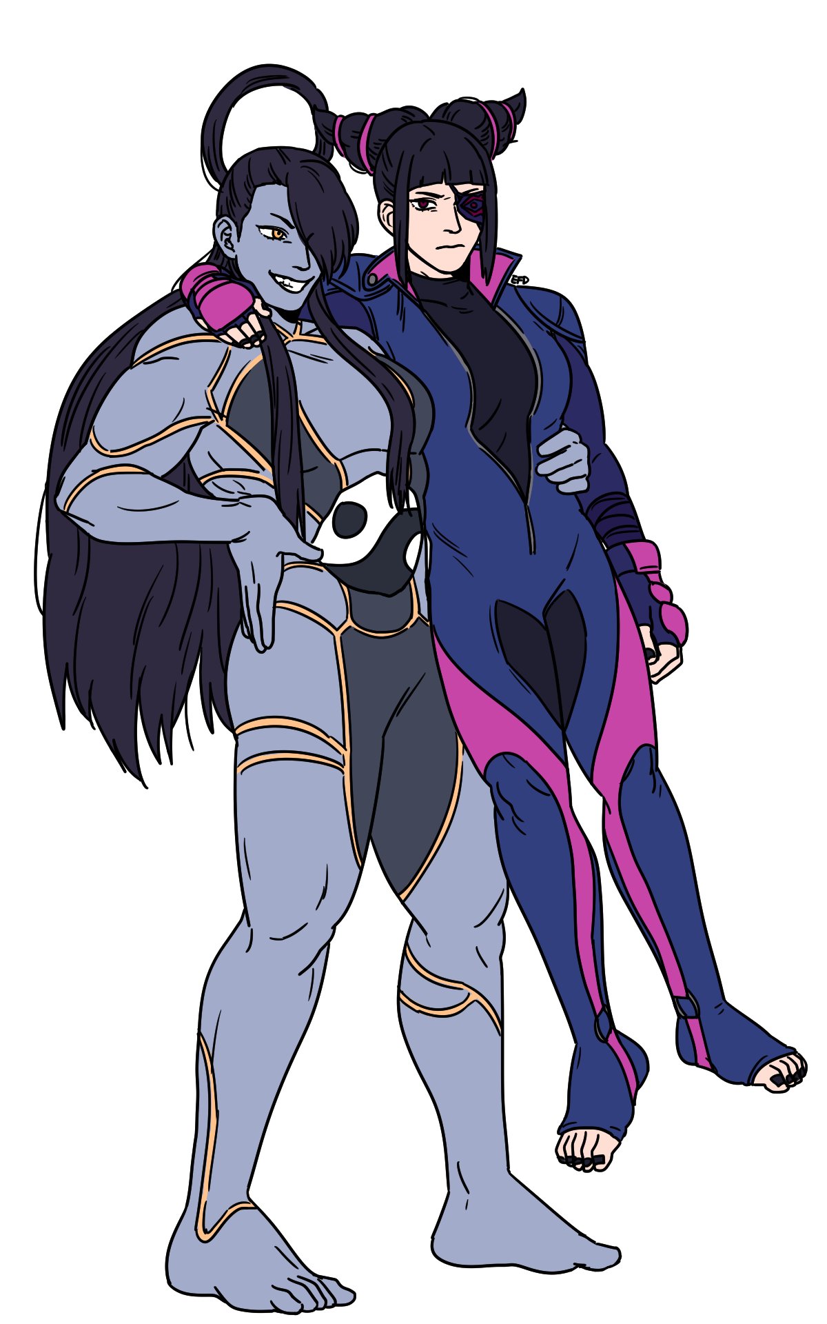 efd, female seth (street fighter), han juri, street fighter, street fighter v, archived source, commentary, english commentary, highres, korean commentary, 2girls, annoyed, arm around shoulder, biker clothes, bikesuit, black bodysuit, black hair, black nails, blunt bangs, bodysuit, carrying, carrying person, clothed female nude female, colored skin, drill hair, eyepatch, fingerless gloves, frown, furrowed brow, gloves, hair horns, hair ornament, hair over one eye, halo, hand on own hip, jewelry, long hair, meme, metal skin, multicolored hair, multicolored skin, multiple girls, muscular, muscular female, nail polish, nude, orb, padded gloves, popped collar, ring, sidelocks, smile, toes, toned, toned female, turtleneck, twin drills, two-tone skin, unzipped, yellow eyes, yin yang, yin yang orb