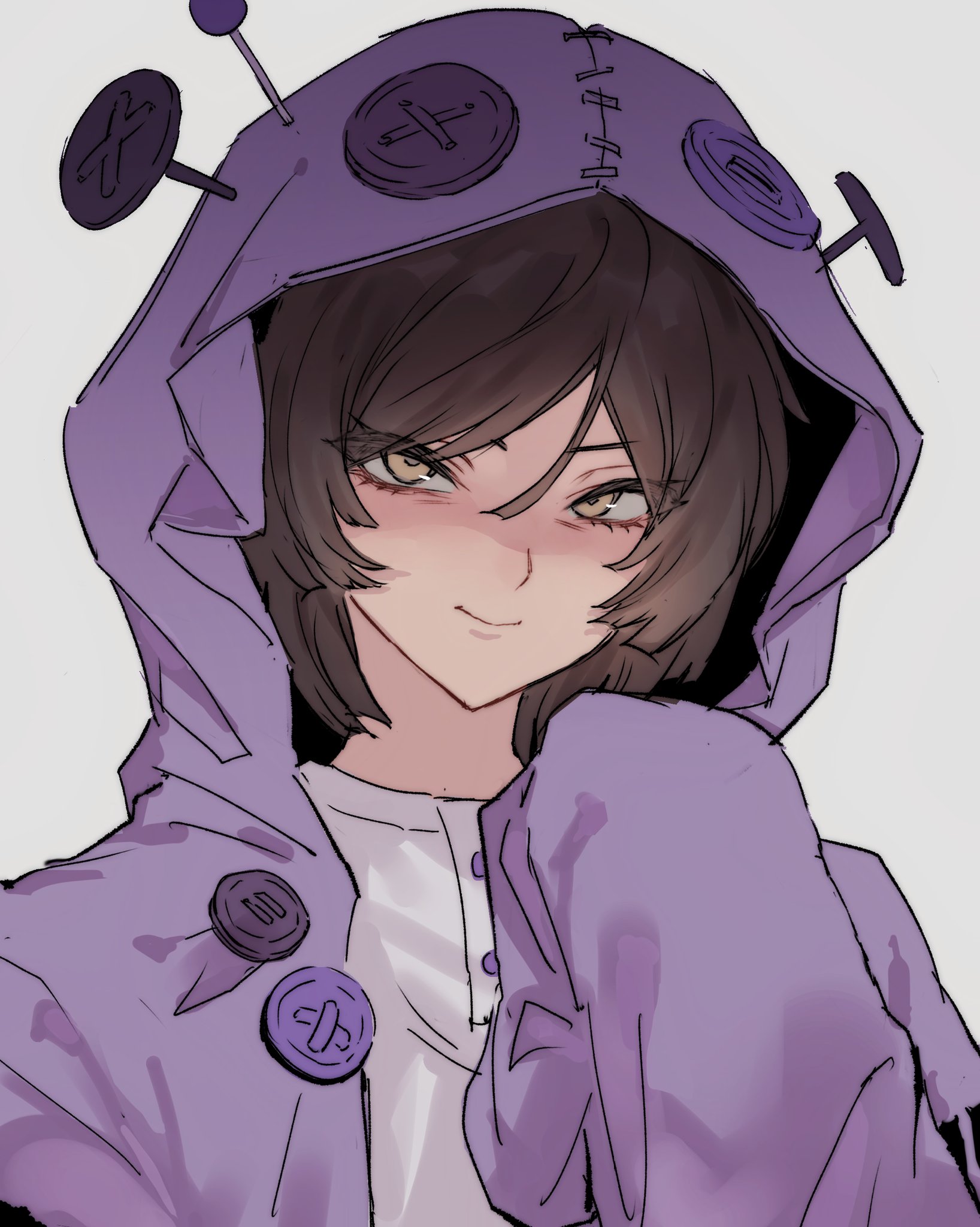 outis (project moon), limbus company, project moon, artist request, commentary, highres, symbol-only commentary, 1girl, brown hair, coat, e.g.o (project moon), hood, hood up, hooded coat, i'll go fer scissors. how 'bout you? (e.g.o), large buttons, long sleeves, looking at viewer, partially shaded face, pin, portrait, purple coat, purple hood, short hair, simple background, sleeves past fingers, sleeves past wrists, smile, solo, white background, yellow eyes