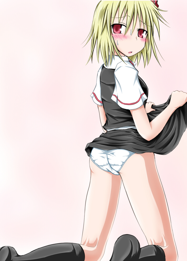 kirino souya, souya, rumia, embodiment of scarlet devil, touhou, 1girl, blonde hair, female focus, gradient background, hair ribbon, kneeling, panties, red eyes, ribbon, short hair, skirt, solo, underwear