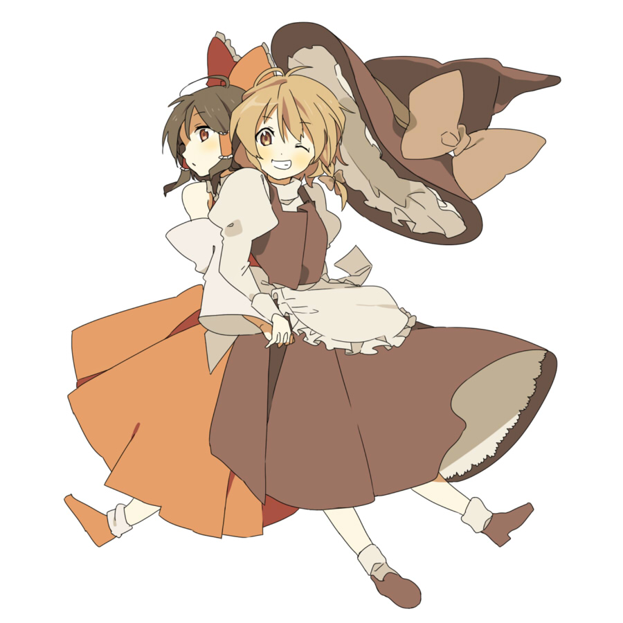 hizu, noise (hakusen), hakurei reimu, kirisame marisa, touhou, bad id, bad pixiv id, 2girls, blonde hair, detached sleeves, female focus, grin, hat, holding hands, japanese clothes, miko, multiple girls, smile, witch, witch hat