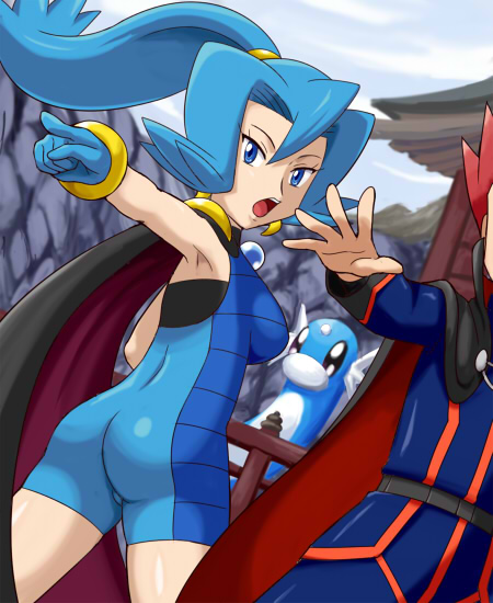 pokemoa, clair (pokemon), dratini, lance (pokemon), nintendo, pokemon, pokemon hgss, 00s, 1boy, 1girl, ass, blue eyes, blue hair, blue theme, bodysuit, cape, cousins, gen 1 pokemon, gloves, gym leader, latex, latex gloves, pokemon (creature), skin tight, unitard