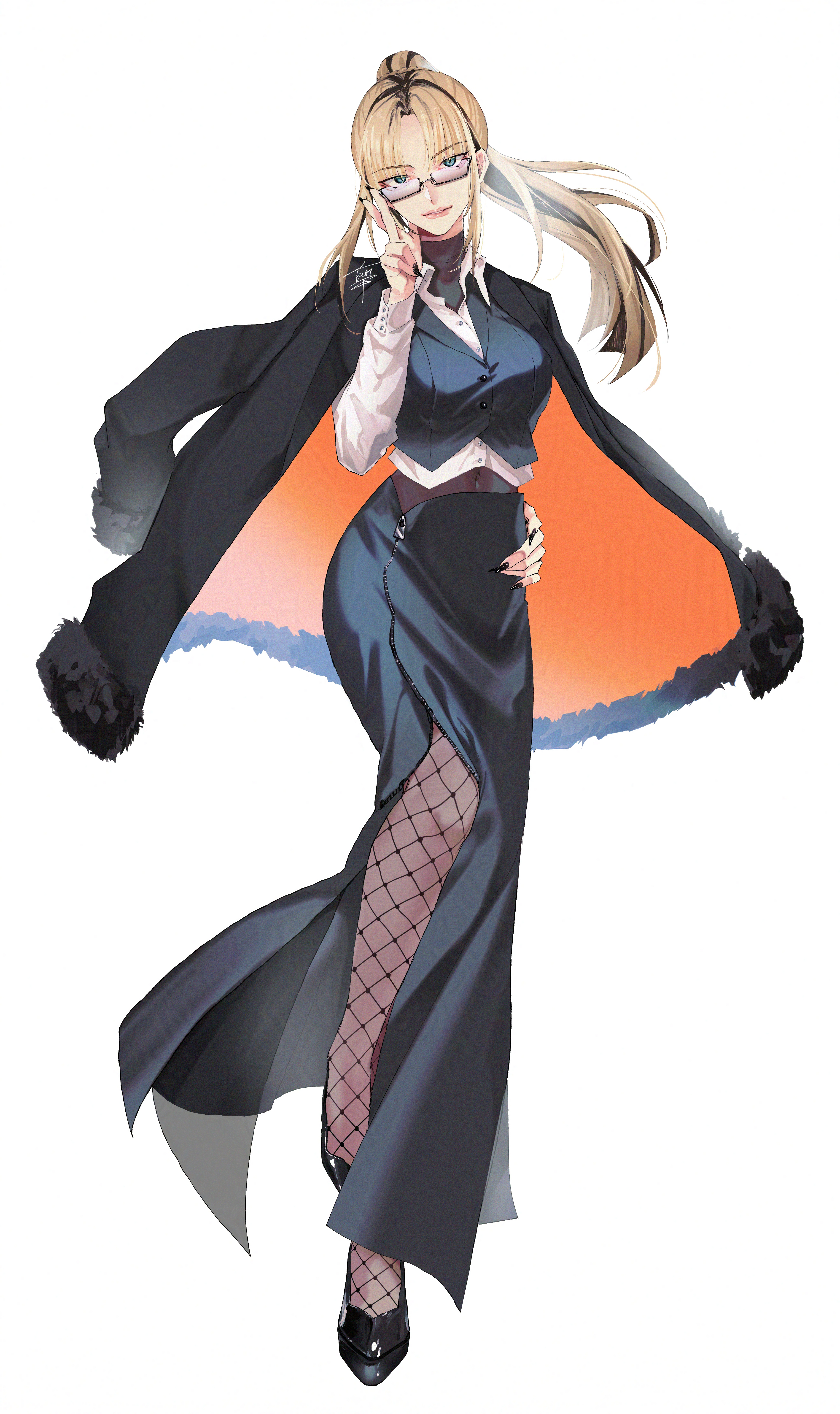 klai, koganei niko, hololive, hololive dev is, absurdres, commentary request, highres, 1girl, adjusting eyewear, aegyo sal, alternate costume, black-framed eyewear, black coat, black nails, black shoes, black skirt, black streaks, black vest, blonde hair, blue eyes, bodystocking, breasts, buttons, closed mouth, coat, coat on shoulders, collared shirt, covered navel, curtained hair, fingernails, fishnet pantyhose, fishnets, formal clothes, full body, fur-trimmed coat, fur trim, hand on own hip, large breasts, long fingernails, long hair, long skirt, long sleeves, looking at viewer, multicolored hair, pantyhose, parted bangs, parted lips, partially unzipped, ponytail, rectangular eyewear, roots (hair), semi-rimless eyewear, shirt, shoes, signature, simple background, skirt, slit pupils, smile, solo, standing, standing on one leg, streaked hair, turtleneck, two-tone hair, under-rim eyewear, vest, virtual youtuber, waistcoat, white background, white shirt, wing collar, zipper, zipper pull tab, zipper skirt