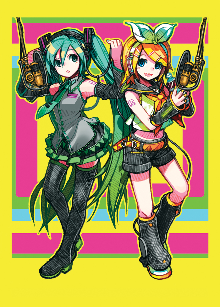 nakbe, hatsune miku, kagamine rin, vocaloid, bad id, bad piapro id, 2girls, aqua eyes, aqua hair, blonde hair, blue eyes, detached sleeves, hair ornament, hair ribbon, hairclip, headphones, legs, long hair, microphone, multiple girls, necktie, ribbon, short hair, skirt, smile, thighhighs, twintails, very long hair, zettai ryouiki