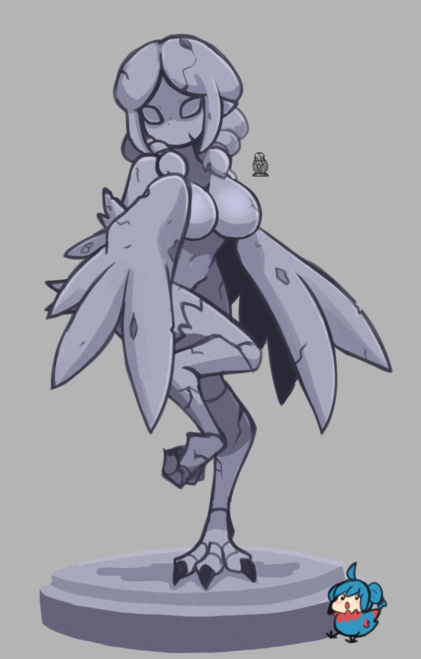 doce, harpy (terraria), terraria, highres, 2girls, ahoge, bird, bird legs, bird wings, blue hair, blush stickers, braid, breasts, colored skin, female focus, full body, grey background, grey skin, harpy, monster girl, multiple girls, navel, no mouth, no nipples, no pupils, open mouth, pointy ears, reference inset, standing, standing on one leg, statue, twin braids, winged arms, wings