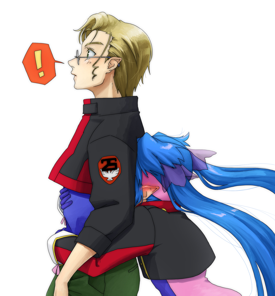 mizu no karuki, klan klein, mikhail buran, macross, macross frontier, bad id, bad pixiv id, !, 00s, blonde hair, blue hair, blush, child, glasses, hug, jacket, long hair, pointy ears, very long hair