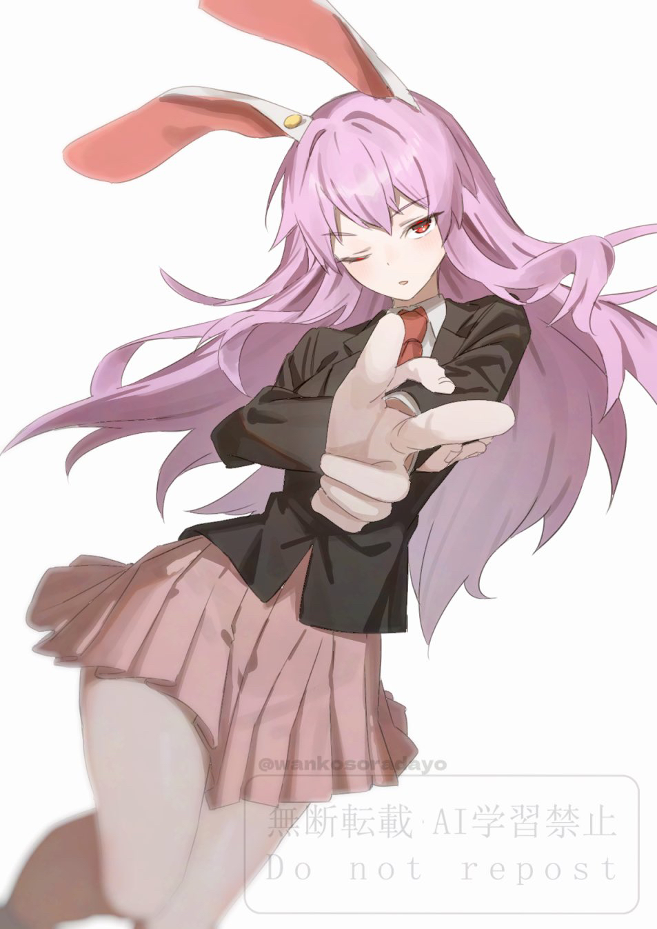 wanko sora, reisen udongein inaba, touhou, commentary request, highres, 1girl, animal ears, black jacket, blazer, collared shirt, feet out of frame, finger gun, foreshortening, holding own wrist, jacket, long hair, long sleeves, looking at viewer, miniskirt, necktie, one eye closed, parted lips, pink skirt, pleated skirt, purple hair, rabbit ears, rabbit girl, red eyes, red necktie, shirt, simple background, skirt, solo, twitter username, watermark, white background, white shirt