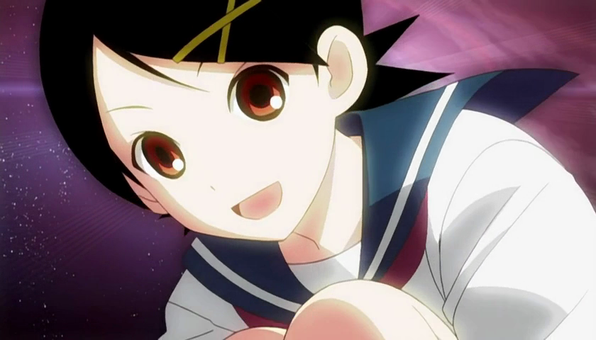 fuura kafuka, sayonara zetsubou sensei, anime screenshot, 00s, 1girl, black hair, female focus, open mouth, red eyes, school uniform, serafuku, short hair, solo, space