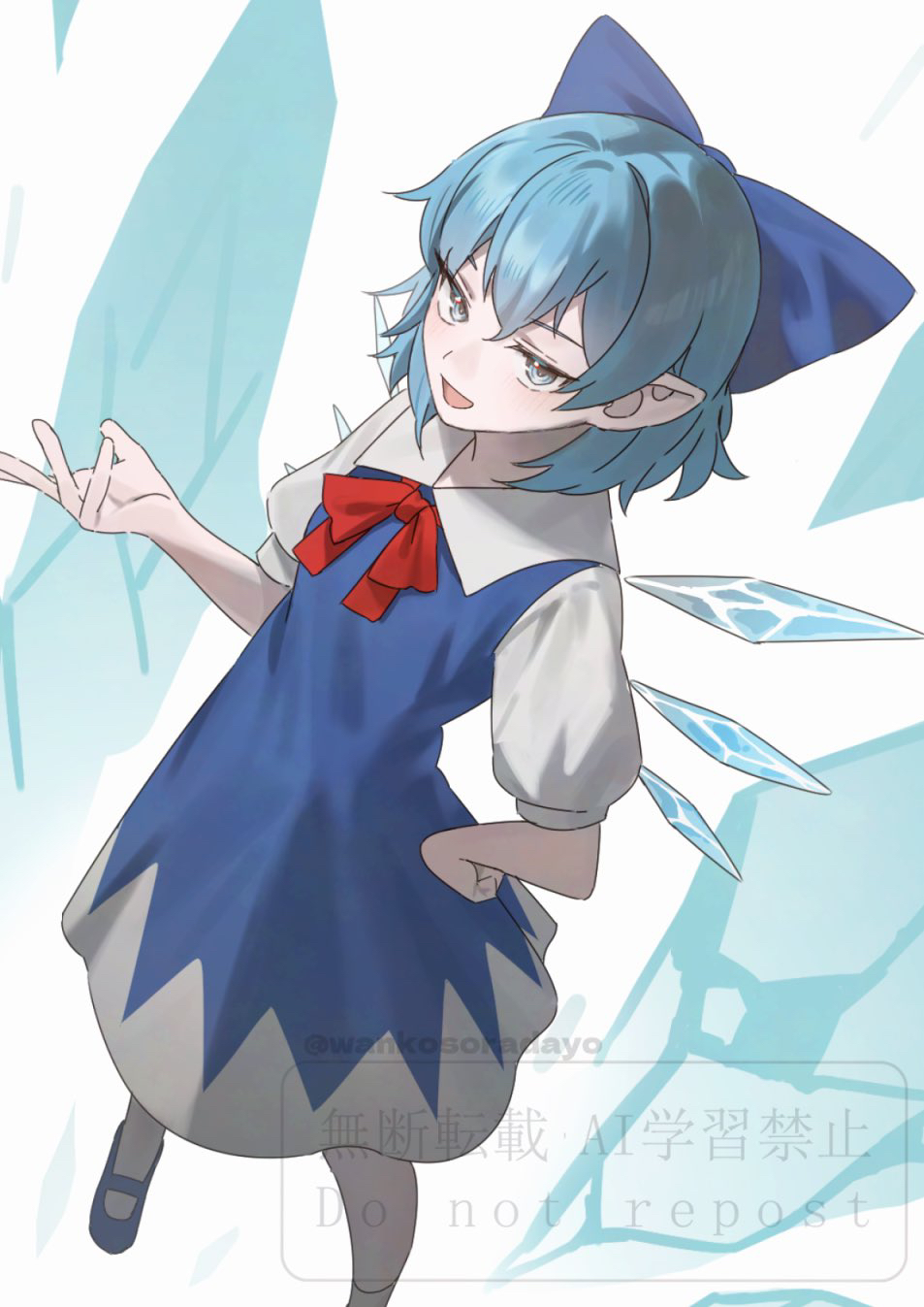 wanko sora, cirno, touhou, commentary request, highres, 1girl, :d, blue bow, blue dress, blue eyes, blue hair, blue shoes, bow, bowtie, collared shirt, detached wings, dress, foot out of frame, from above, hair bow, hand on own hip, ice, ice shard, ice wings, looking at viewer, mary janes, open hand, open mouth, pinafore dress, pointy ears, puffy short sleeves, puffy sleeves, red bow, red bowtie, shirt, shoes, short hair, short sleeves, sleeveless, sleeveless dress, smile, socks, solo, standing, twitter username, watermark, white background, white shirt, white socks, wings