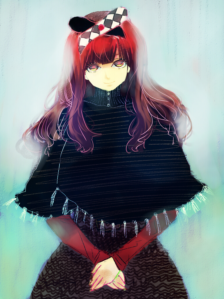 minami (wakulyri), original, bad id, bad pixiv id, long hair, red hair, smile, solo, yellow eyes