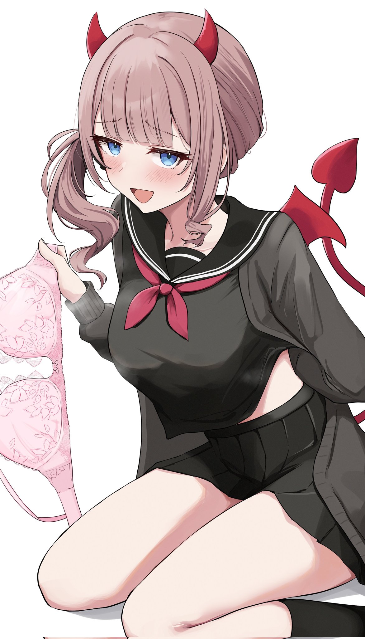 kunizaki, mochizuki honami, project sekai, commentary, corrupted twitter file, highres, 1girl, :d, arm behind back, asymmetrical sidelocks, black cardigan, black sailor collar, black serafuku, black shirt, black skirt, black socks, blue eyes, blunt bangs, blush, bra, breasts, brown hair, cardigan, demon girl, demon horns, demon tail, demon wings, hand up, holding, holding bra, holding underwear, holding unworn clothes, horns, kneehighs, large breasts, long hair, long sleeves, looking at viewer, mini wings, miniskirt, neckerchief, open cardigan, open clothes, open mouth, pink bra, pleated skirt, raised inner eyebrows, red horns, red neckerchief, red tail, red wings, sailor collar, school uniform, serafuku, shirt, side ponytail, sidelocks, simple background, sitting, skirt, smile, smug, socks, solo, tail, thighs, underwear, unworn bra, white background, wings