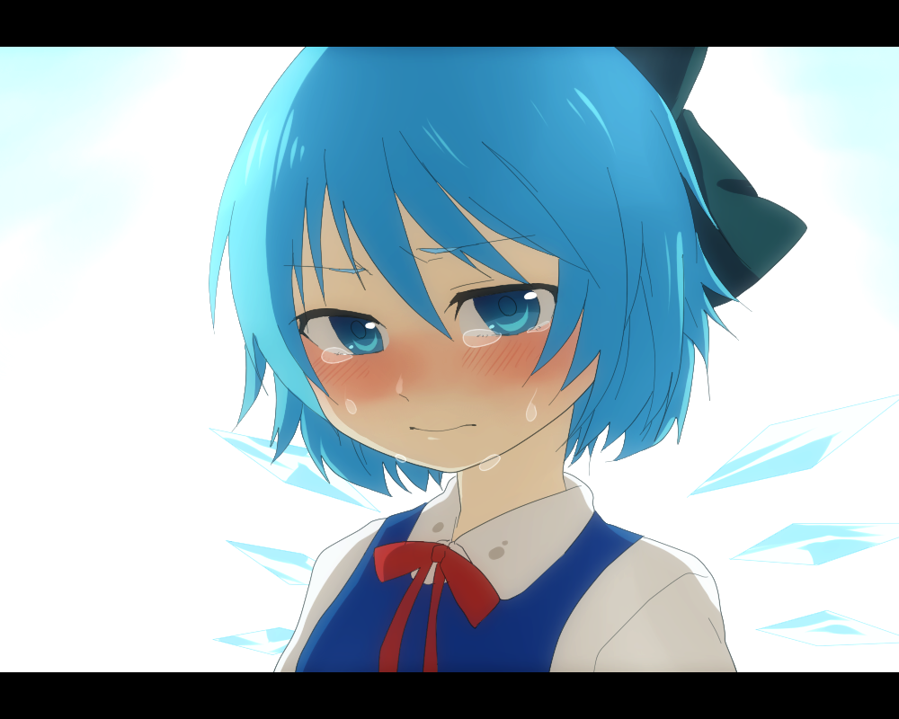 kurasaki moroko, cirno, touhou, bad id, bad pixiv id, 1girl, blue eyes, blue hair, blush, bow, female focus, hair bow, letterboxed, matching hair/eyes, solo, tears, upper body, wings