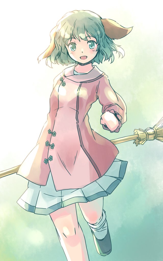 rangycrow, kasodani kyouko, touhou, commentary request, 1girl, :d, animal ears, blush, broom, dog ears, dress, flower button, foot out of frame, green background, green eyes, green hair, grey skirt, hand up, holding, holding broom, knees, leg up, no fingers, one-hour drawing challenge, open mouth, pink dress, pleated skirt, short hair, skirt, smile, solo