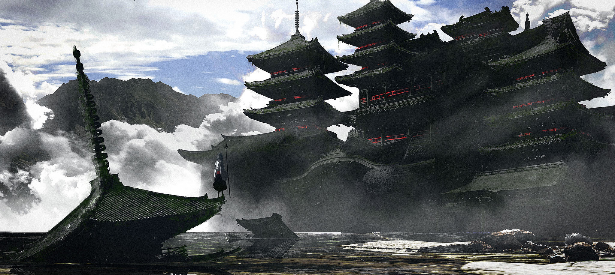 an yomogi, original, commentary request, concept art, highres, 1other, ambiguous gender, architecture, black pants, blue sky, building, cloud, cloudy sky, day, east asian architecture, flood, fog, from behind, holding, holding pole, long sleeves, outdoors, pants, pole, ruins, scenery, shirt, sky, standing, white shirt, wide shot