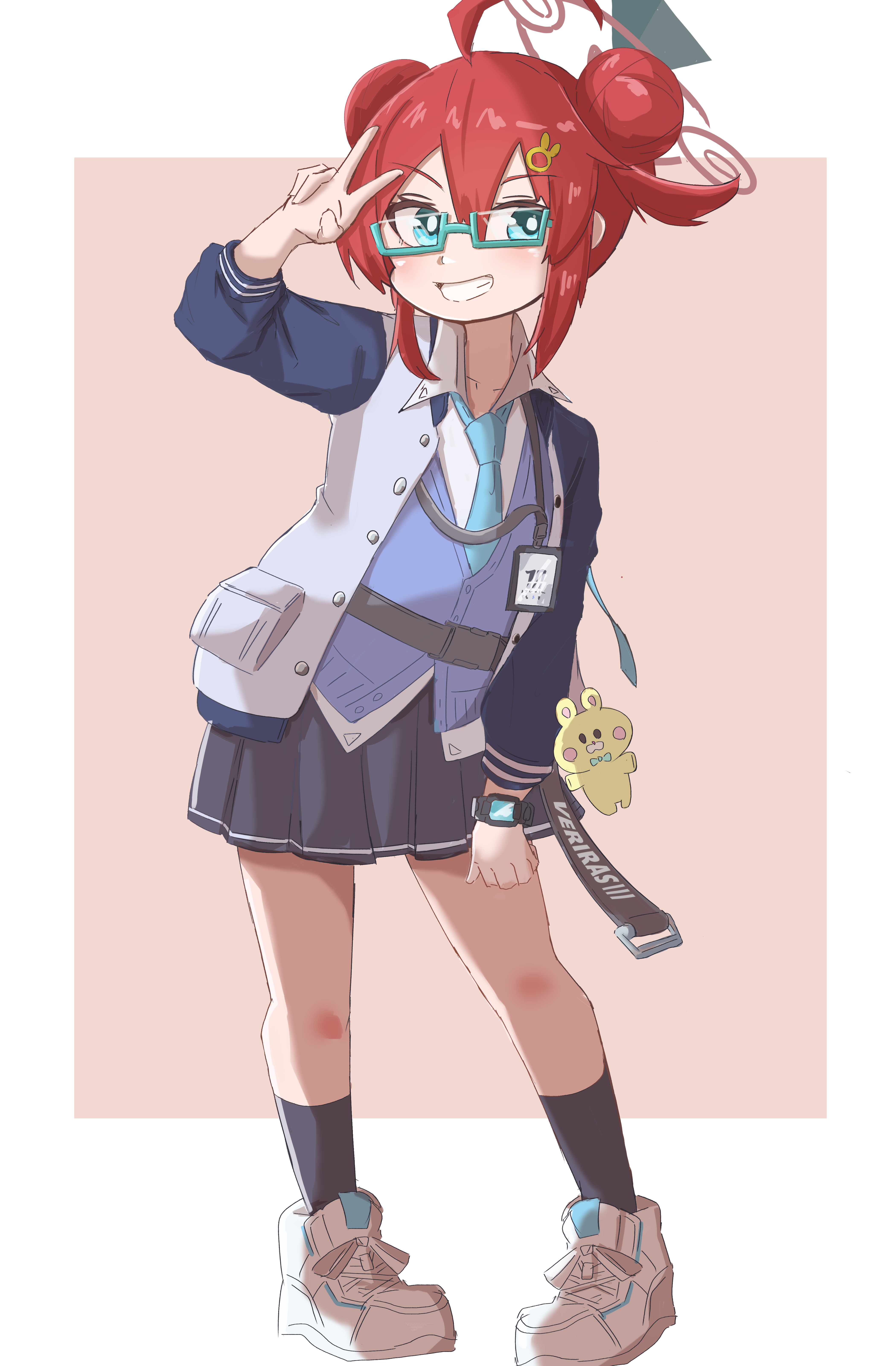 omurainu, chihiro (blue archive), maki (blue archive), blue archive, absurdres, commentary request, highres, 1girl, ahoge, aqua-framed eyewear, black skirt, black socks, blue eyes, blue jacket, blue necktie, blue sweater vest, border, chihiro (blue archive) (cosplay), collared shirt, cosplay, double bun, glasses, grin, hair bun, hair ornament, halo, hand up, jacket, miniskirt, multicolored jacket, necktie, open clothes, open jacket, pink background, pleated skirt, rabbit hair ornament, rectangular eyewear, red halo, shirt, shoes, short hair, simple background, skirt, smile, socks, solo, stuffed animal, stuffed rabbit, stuffed toy, sweater vest, two-tone jacket, v, v-shaped eyebrows, watch, white border, white jacket, white shirt, white shoes, wristwatch