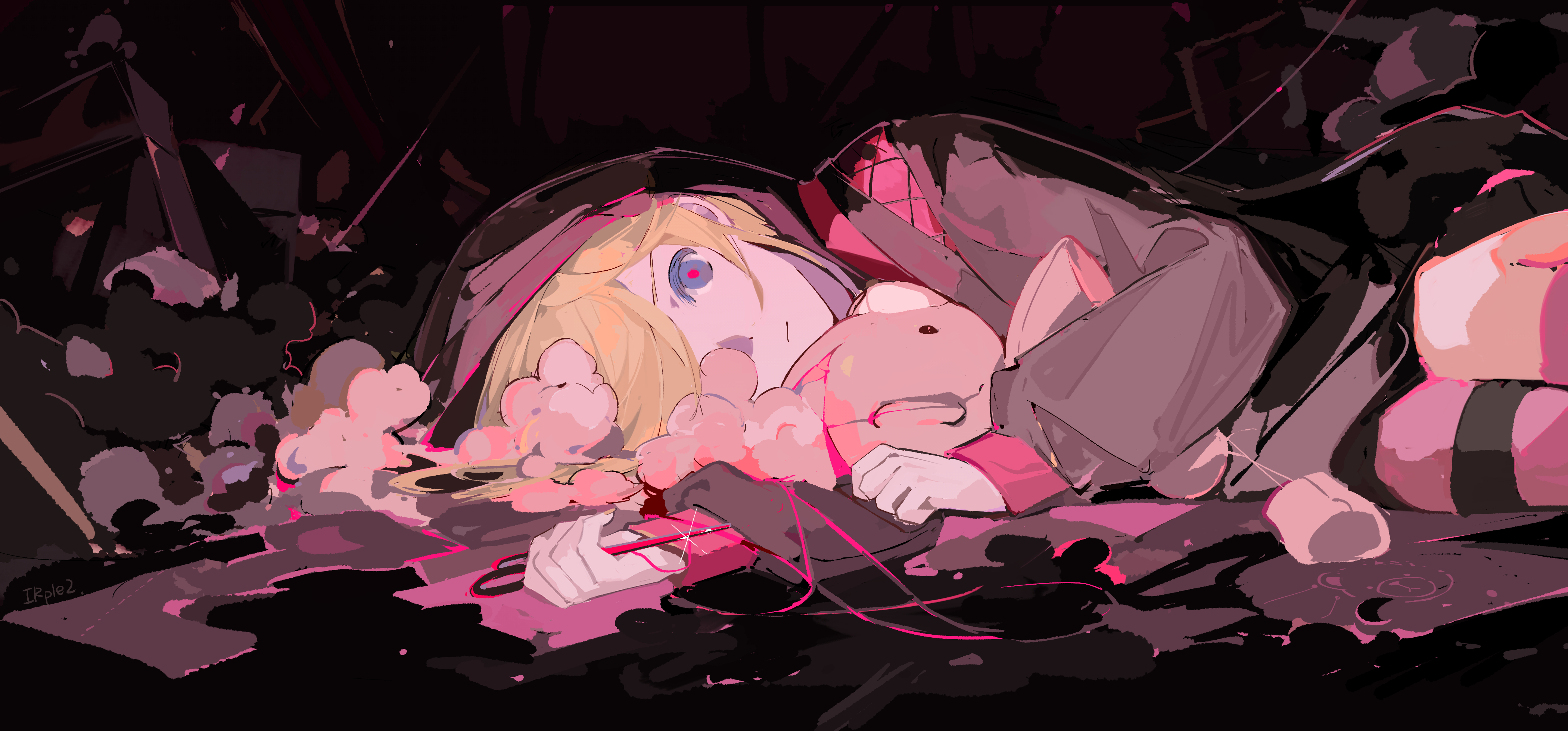 irple, kagamine rin, kagamine rin (scissors), project diva (series), tokyo teddy bear (vocaloid), vocaloid, absurdres, commentary, highres, 1girl, :|, black hoodie, blonde hair, blue eyes, closed mouth, colored eyelashes, expressionless, fetal position, hair over one eye, holding, holding scissors, holding stuffed toy, hood, hoodie, hugging object, long hoodie, looking at viewer, lying, neon palette, on floor, on side, patchwork clothes, pink theme, red pupils, scissors, solo, striped clothes, striped thighhighs, stuffed animal, stuffed toy, stuffing, teddy bear, thighhighs, thread, trash