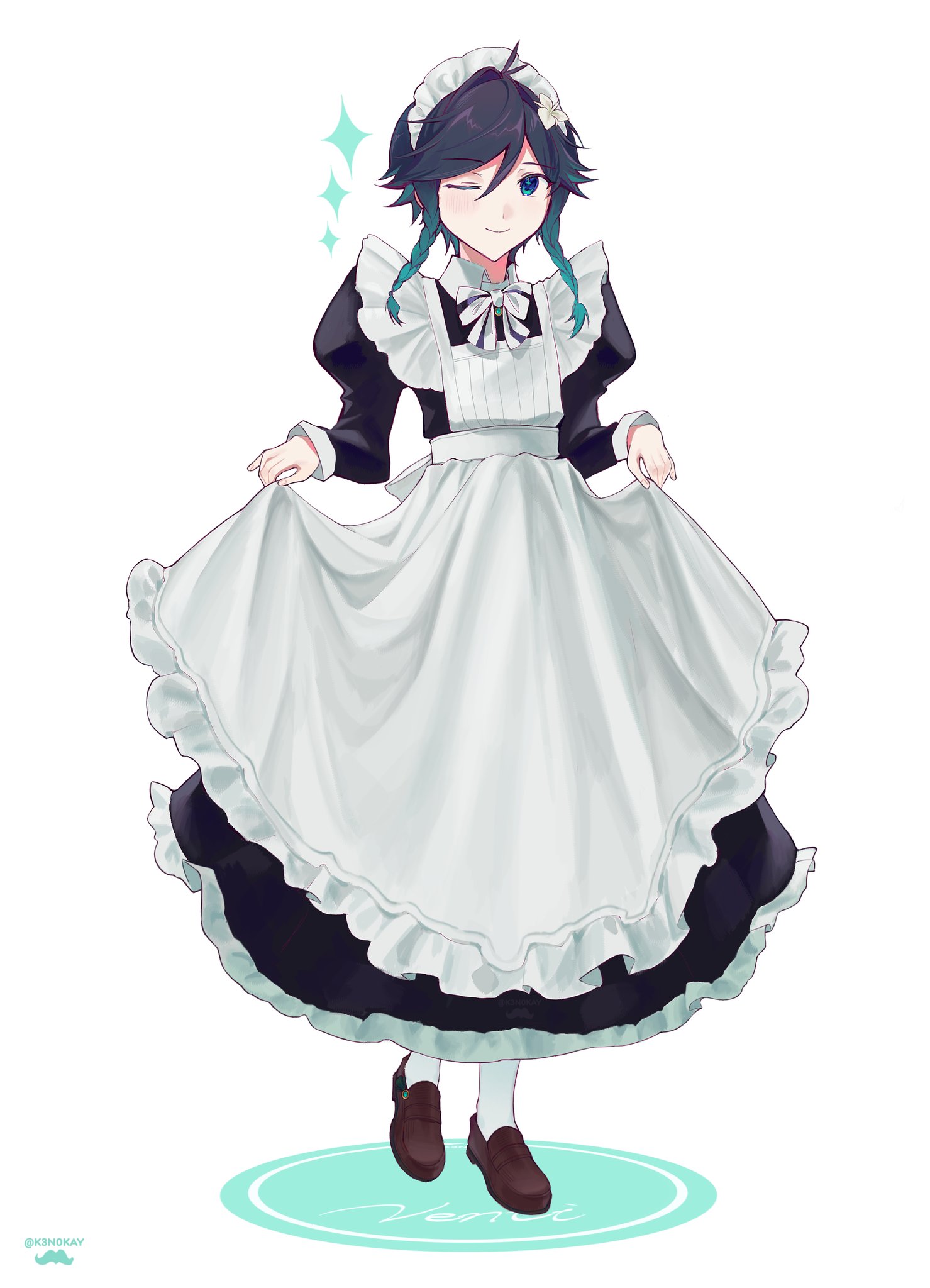 k3n0kay, venti (genshin impact), genshin impact, commentary request, highres, 1boy, alternate costume, apron, apron hold, black dress, black hair, braid, brown shoes, character name, closed mouth, crossdressing, crossdressing (mtf), dress, enmaided, flower, full body, gradient hair, green eyes, green hair, hair between eyes, hair flower, hair ornament, long sleeves, looking at viewer, maid, maid apron, maid headdress, male focus, male maid, multicolored hair, one eye closed, shoes, short hair with long locks, side braids, simple background, smile, socks, solo, twin braids, twitter username, white apron, white background, white flower, white socks