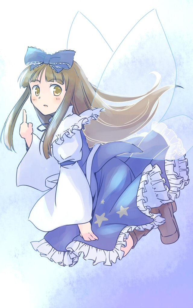 rangycrow, star sapphire, touhou, commentary request, 1girl, blue background, blue dress, blue ribbon, blue shirt, blush, boots, brown boots, brown eyes, brown hair, dress, fairy, fairy wings, frilled shirt collar, frills, from side, full body, gradient background, hair ribbon, index finger raised, legs up, long hair, long sleeves, looking to the side, one-hour drawing challenge, parted lips, petticoat, pointing, pointing up, ribbon, shirt, sideways glance, solo, white shirt, wings