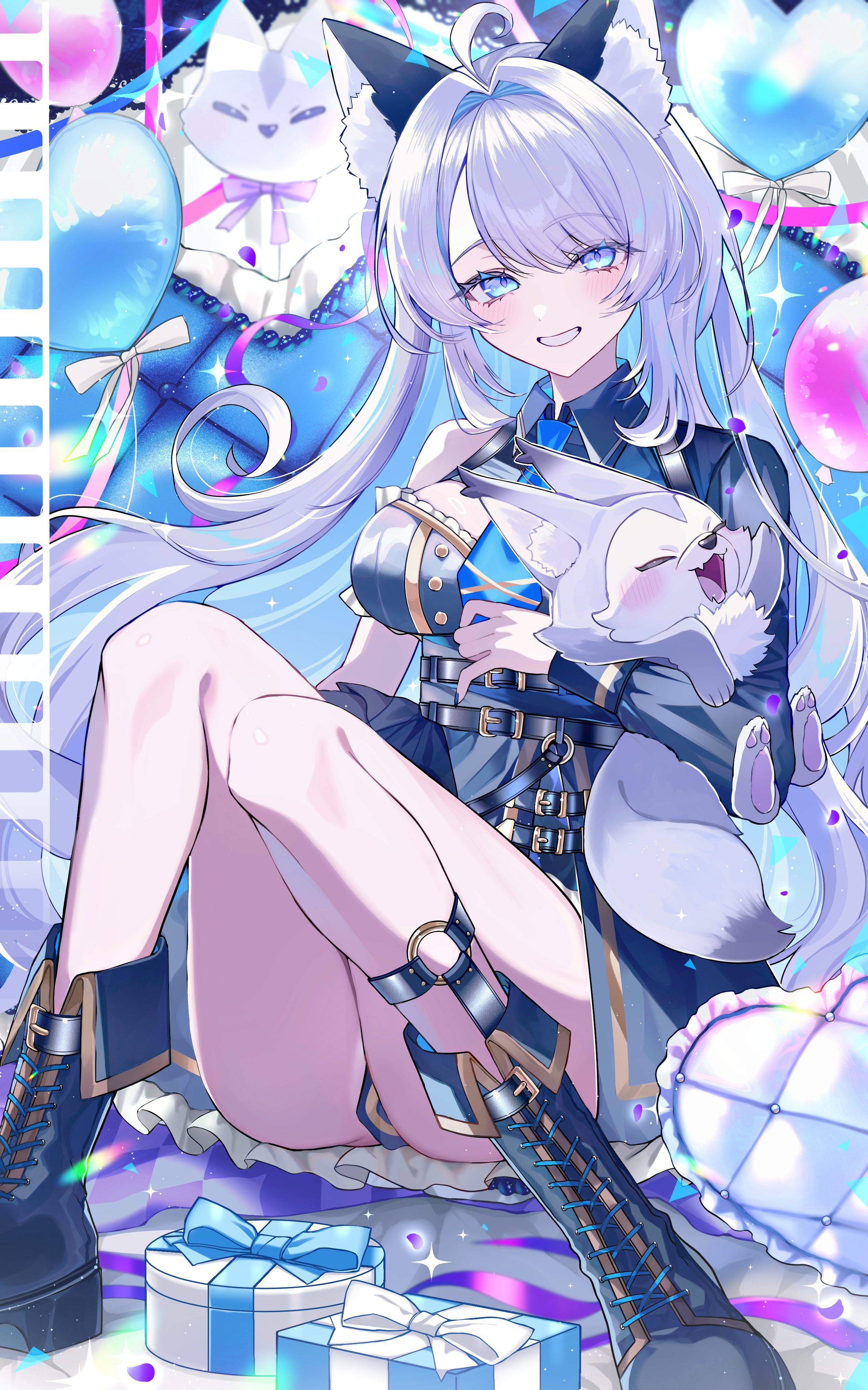 indie virtual youtuber, absurdres, commentary request, commission, highres, second-party source, 1girl, ahoge, animal, animal ears, animal hug, belt, black boots, black dress, blue eyes, blue hair, blue necktie, boots, box, breasts, collared dress, colored inner hair, dress, gift, gift box, grey hair, hiiragi shikimi (vtuber), ichigo choco46, idol clothes, large breasts, legs, long hair, long sleeves, looking at viewer, multicolored hair, necktie, o-ring, single bare shoulder, single sleeve, sitting, smile, solo, teeth, virtual youtuber, wolf, wolf ears, wolf girl