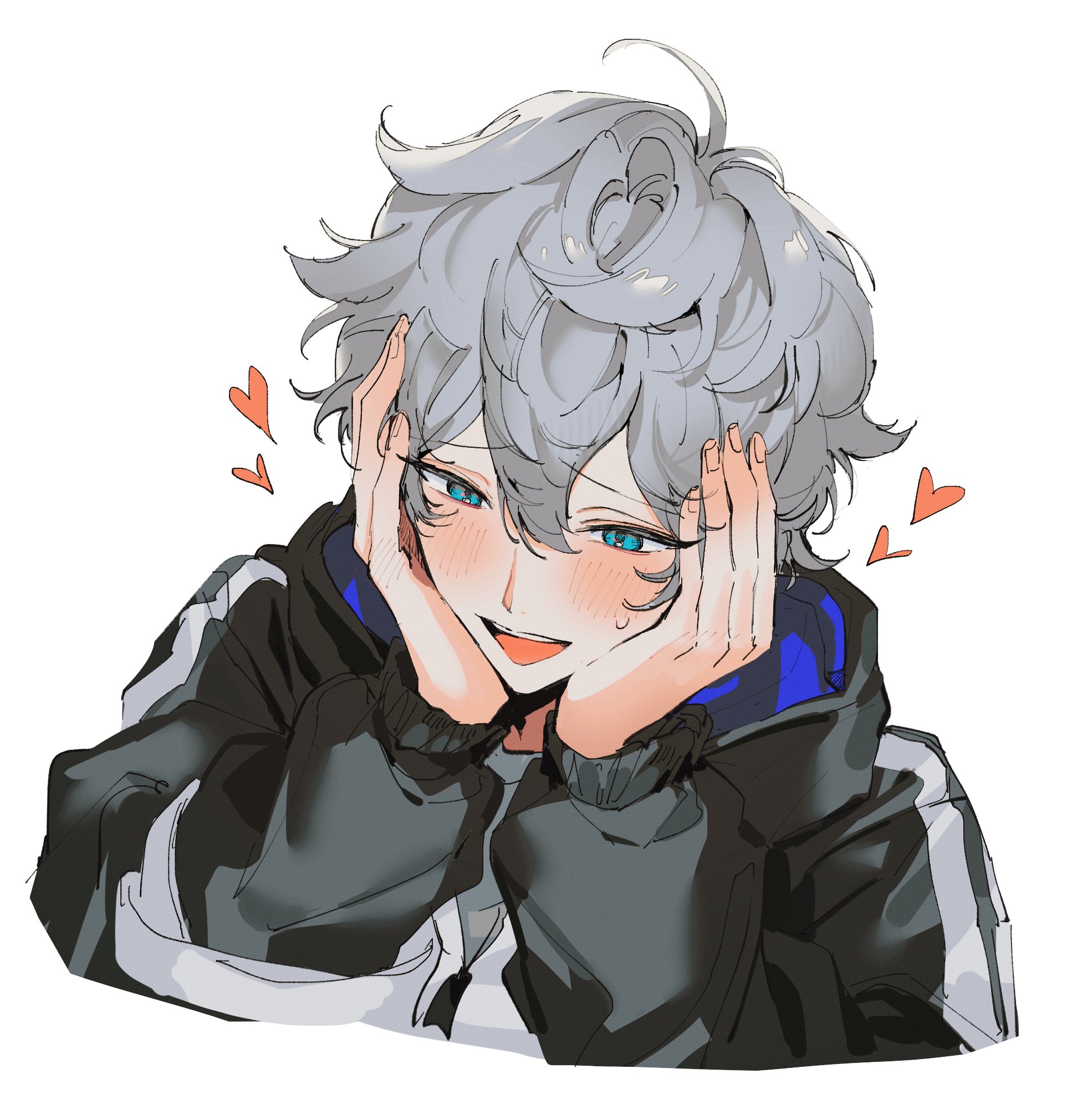 eichi turnr, ensemble stars!, character request, check copyright, copyright request, highres, 1boy, arms up, black jacket, blue eyes, blush, cropped torso, double-parted bangs, double vertical stripe, grey hair, hair between eyes, hands on own face, heart, jacket, male focus, solo, striped clothes, teeth, triangle mouth, upper teeth only, vertical-striped clothes, vertical-striped sleeves