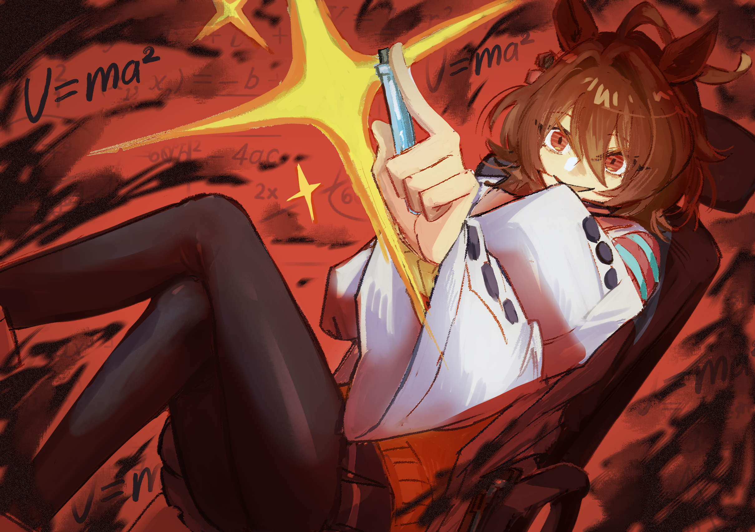 daimondai4, agnes tachyon (tach-nology) (umamusume), agnes tachyon (umamusume), umamusume, highres, 1girl, ahoge, animal ears, black pantyhose, brown hair, cork, crossed legs, e=mc2 (equation), earrings, hair between eyes, holding, holding test tube, horse ears, horse girl, huge ahoge, jewelry, lab coat, long sleeves, math, medium hair, open mouth, pantyhose, red eyes, single earring, sitting, sleeves past fingers, sleeves past wrists, smile, solo, sparkle, sweater, sweater vest, test tube, yellow sweater, yellow sweater vest